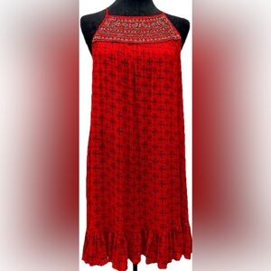 En Crème Boho Beaded Halter Dress - Red Medallion Print - Size M